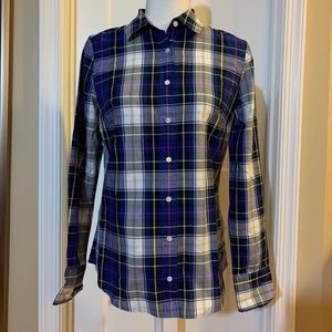 J Crew blue plaid button down shirt, size 4